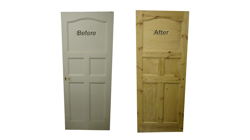 Before and after images of door stripping process